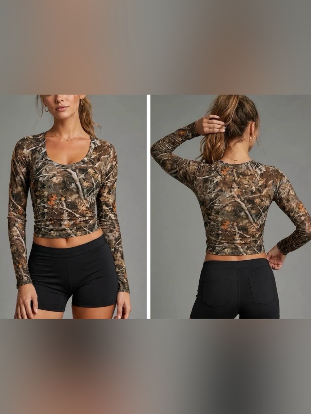 Women’s Camo Print Long Sleeve V-neck Cropped Stretch Top Medium